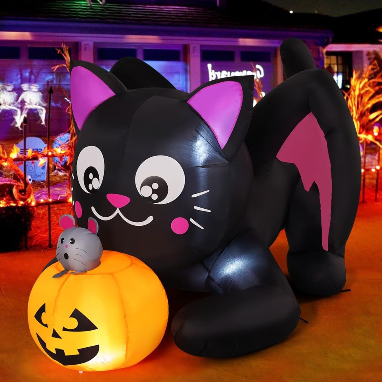 GOOSH 5 FT Halloween Inflatables Cat Blow Up Yard Pumpkin with Built-in LEDs